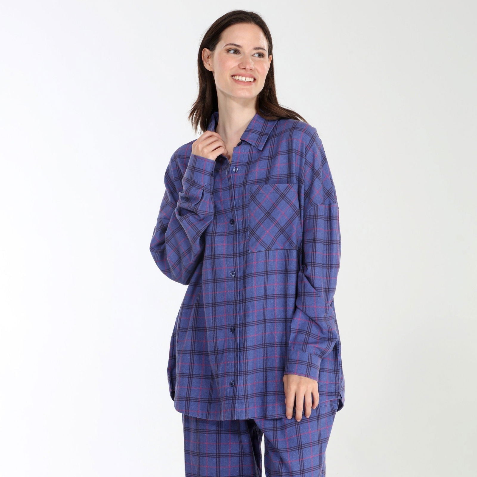 Golden Hour Long PJ Set In Indigo Plaid - -