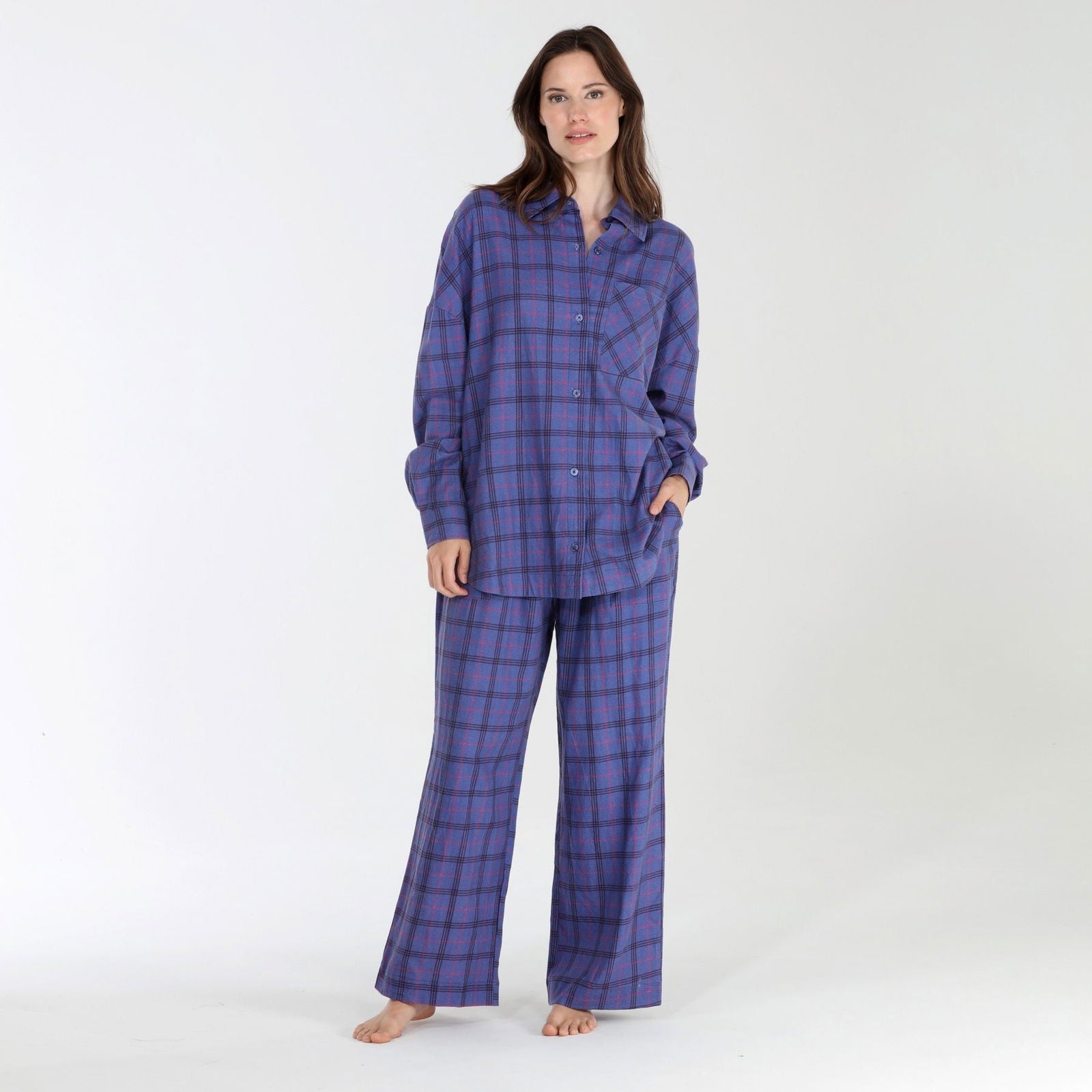 Golden Hour Long PJ Set In Indigo Plaid - - X-Large