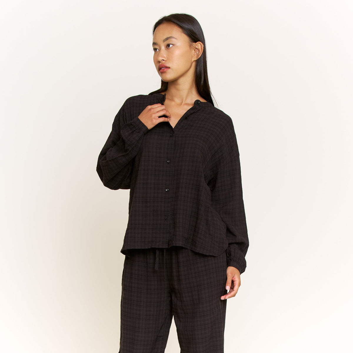 Good Life Long Sleeve Pant Set in Boulder Grey Plaid - Honeydew - XS