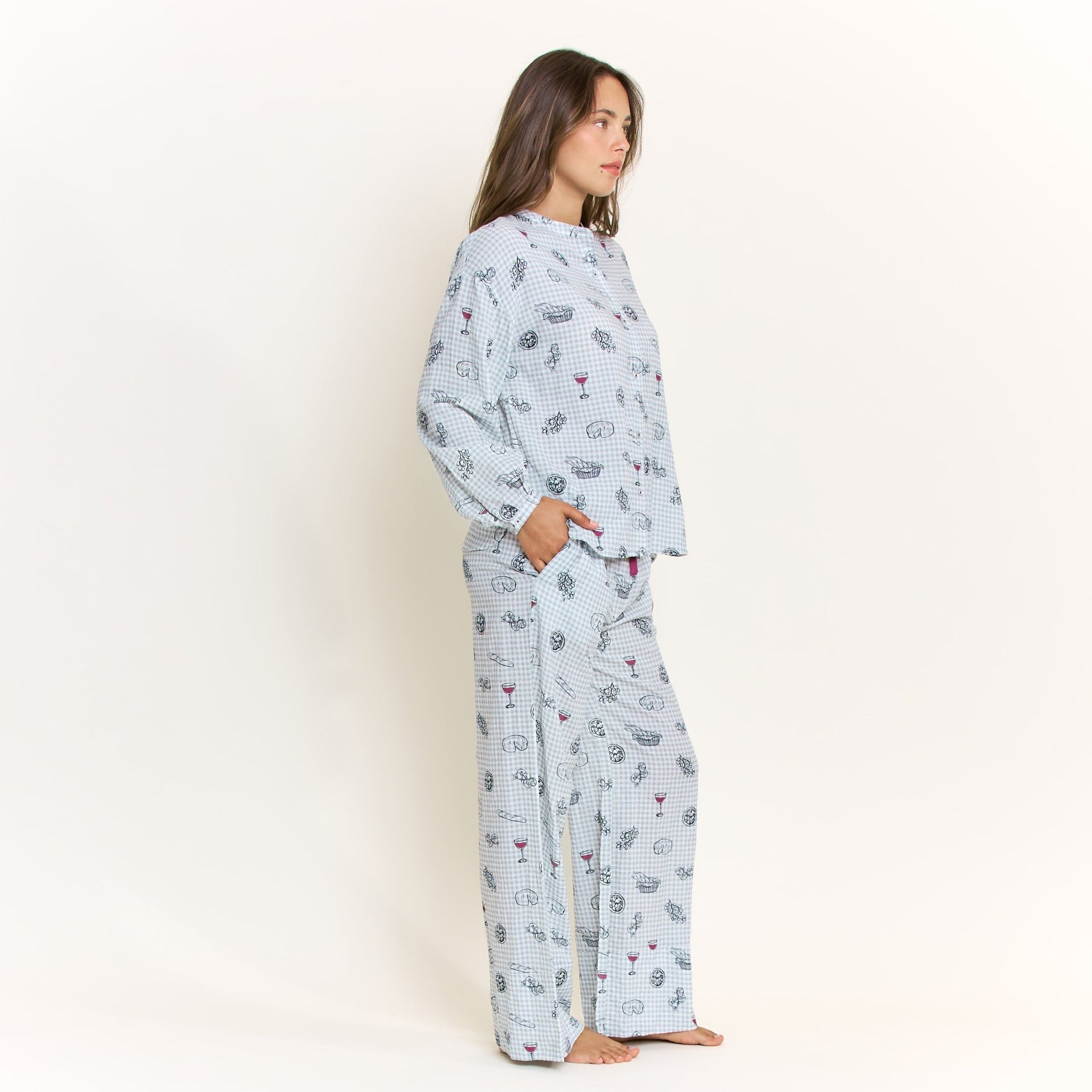 Good Life Long Sleeve Pant Set in Cool Blue Picnic - -