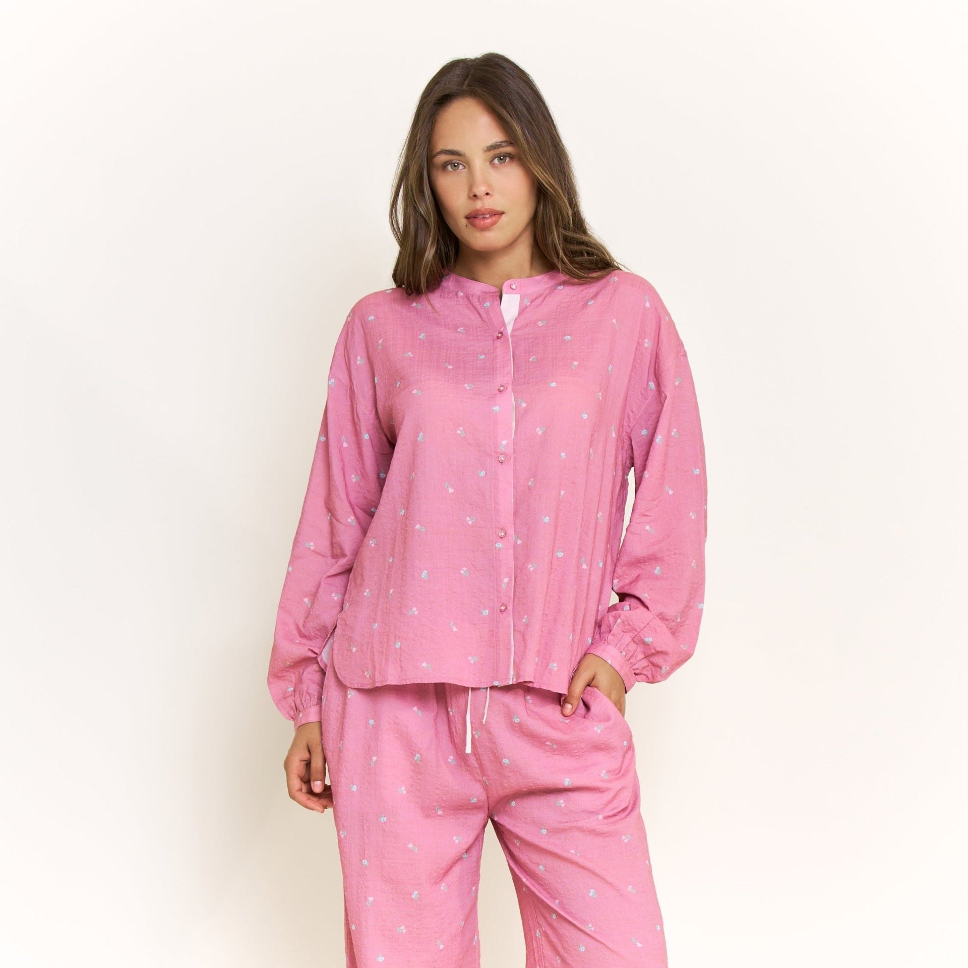 Good Life Long Sleeve Pant Set in Rosy Meadow Ditsy - Honeydew - XS
