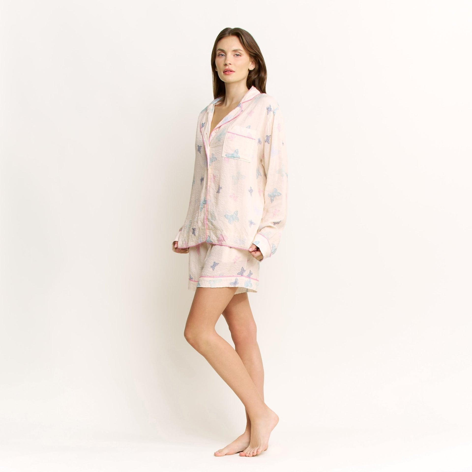 Good Life Long Sleeve Shortie PJ Set in Budding Butterflies - Honeydew - XS