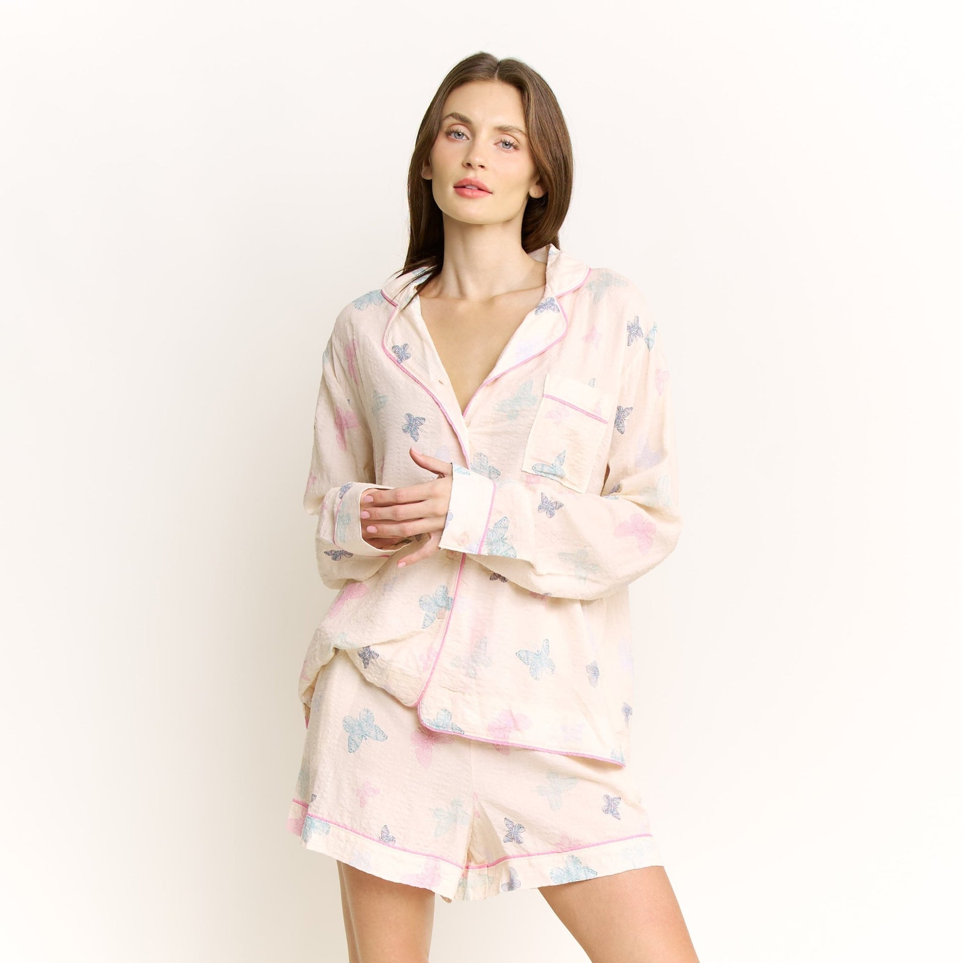 Good Life Long Sleeve Shortie PJ Set in Budding Butterflies - Honeydew - XS