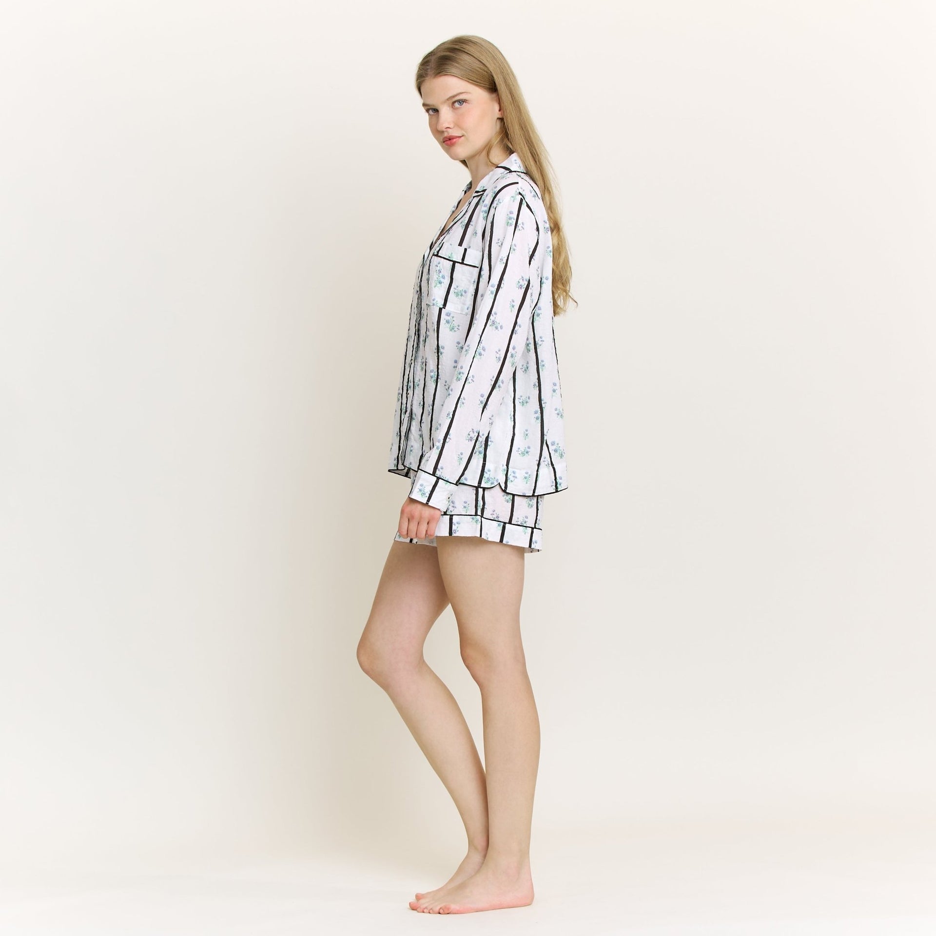 Good Life Long Sleeve Shortie PJ Set in Ditsy Stripe - Honeydew - XS