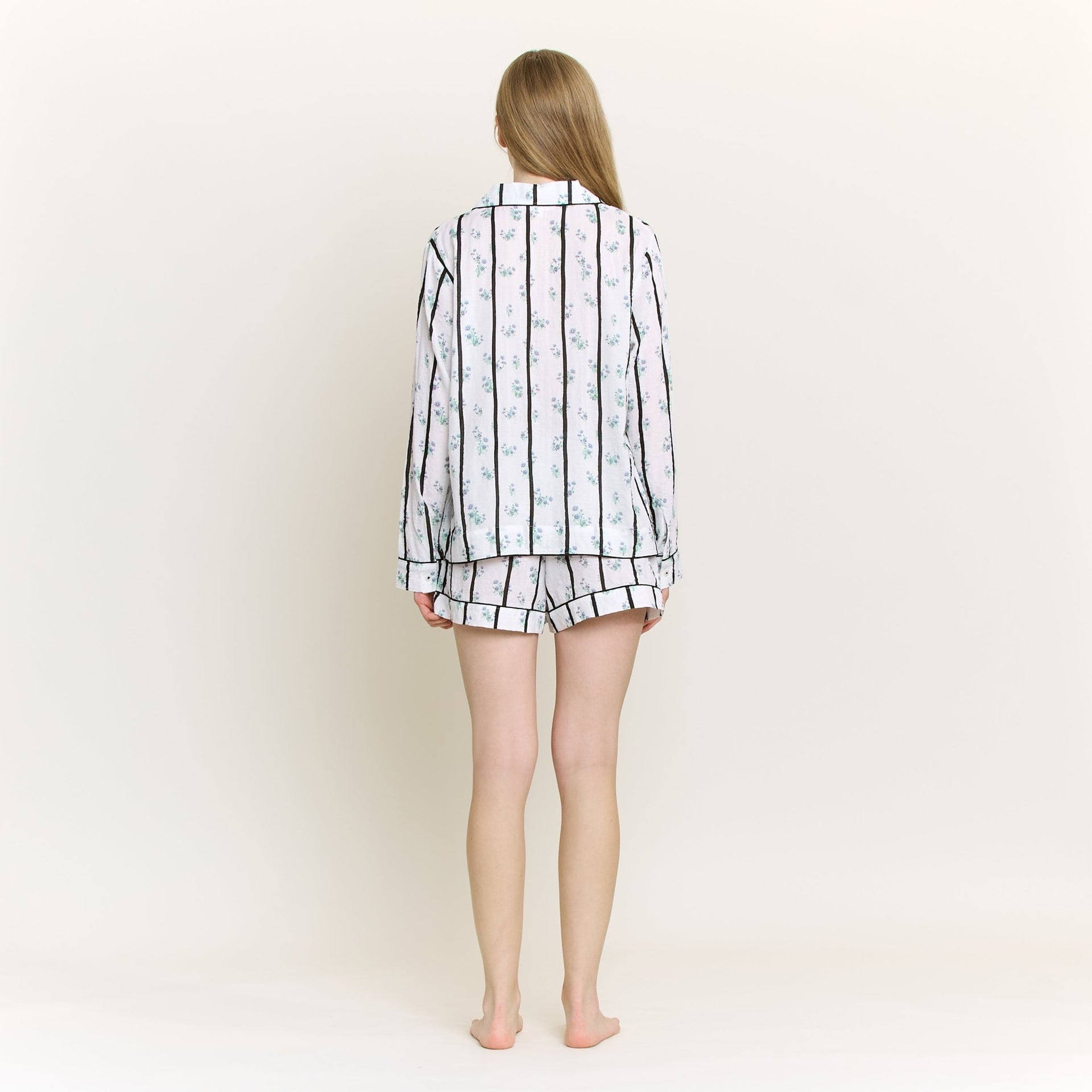 Good Life Long Sleeve Shortie PJ Set in Ditsy Stripe - Honeydew - XS