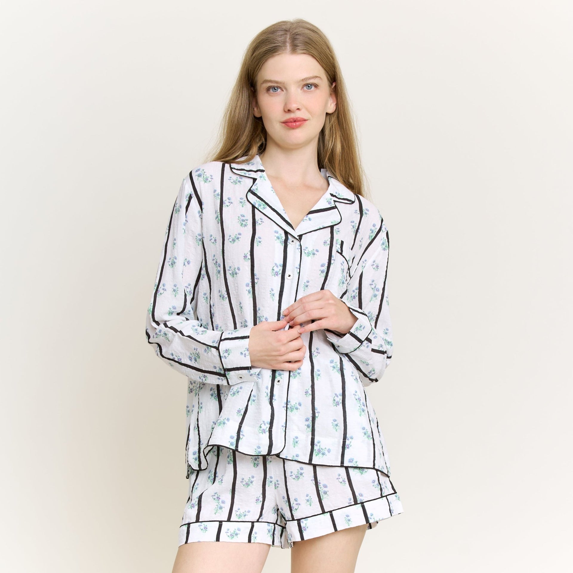 Good Life Long Sleeve Shortie PJ Set in Ditsy Stripe - Honeydew - XS
