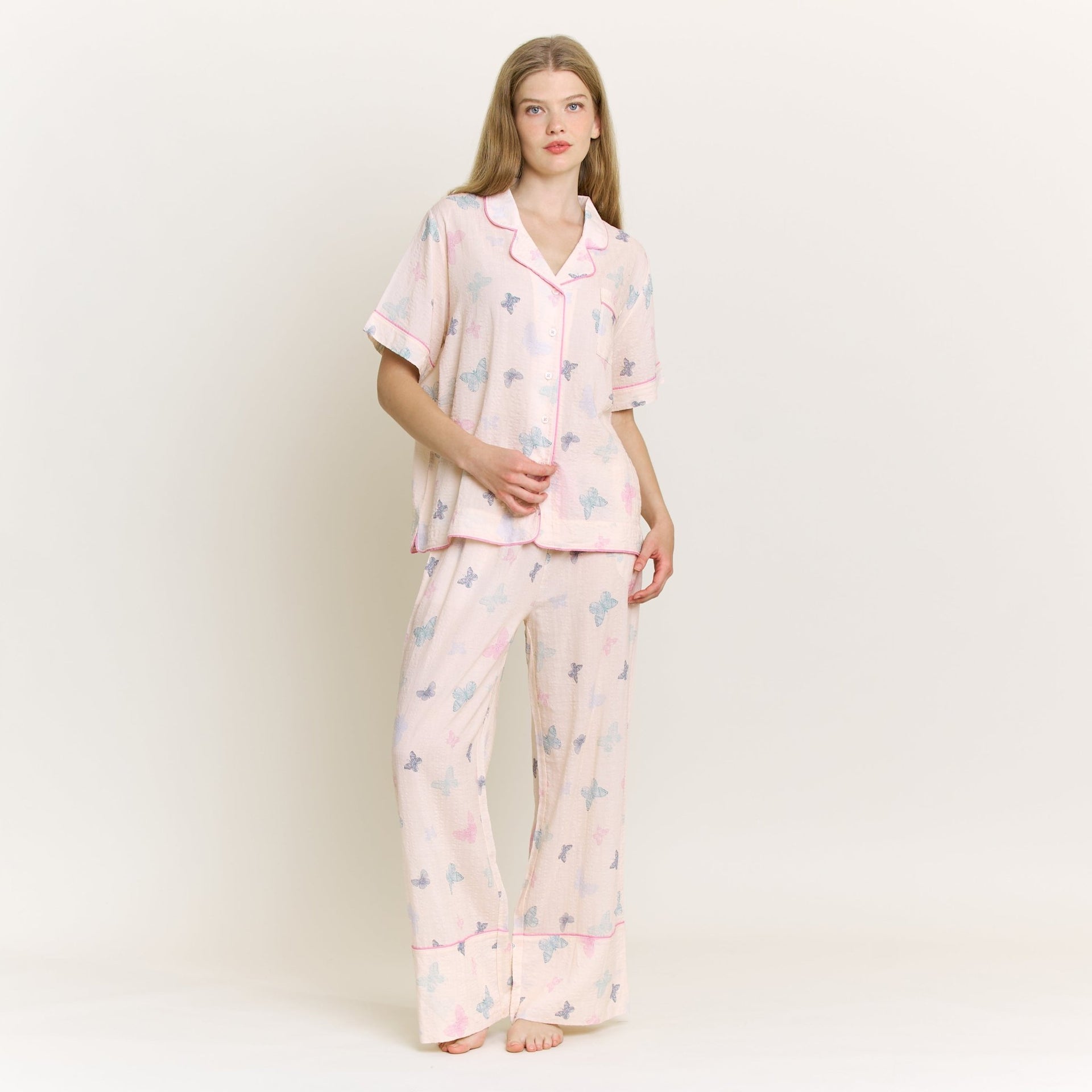 Good Life Short Sleeve PJ Set in Budding Butterflies - Honeydew - XS