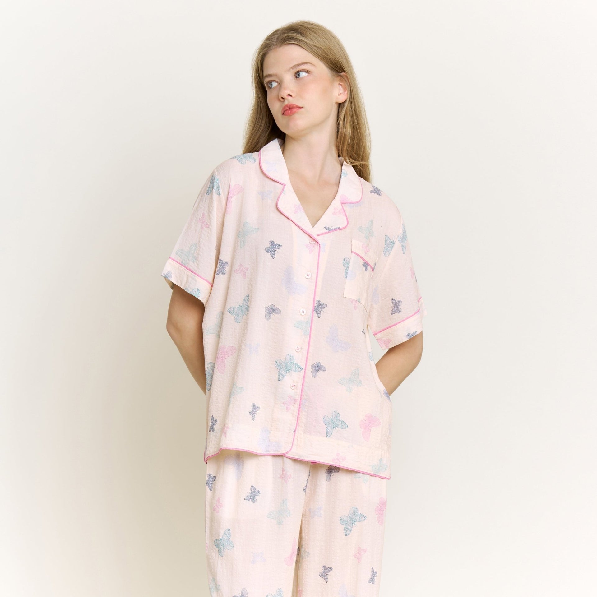 Good Life Short Sleeve PJ Set in Budding Butterflies - Honeydew - XS