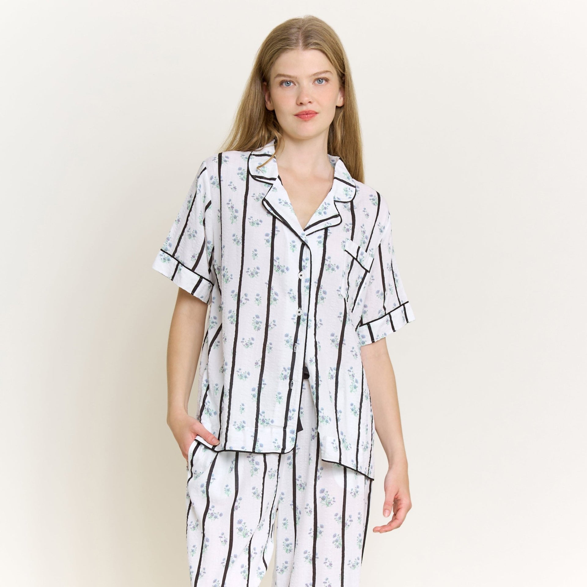 Good Life Short Sleeve PJ Set in Ditsy Stripe - Honeydew - XS