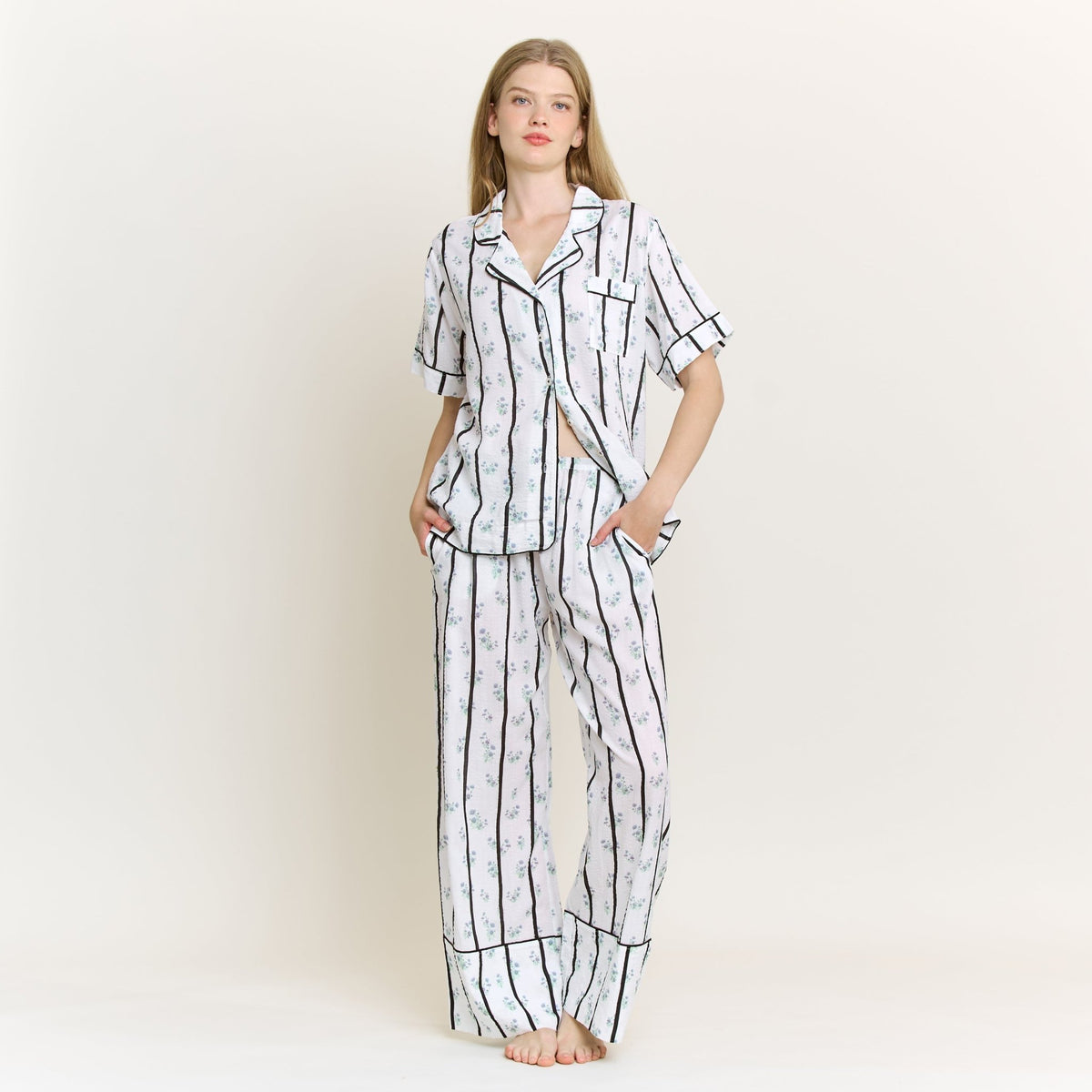 Good Life Short Sleeve PJ Set in Ditsy Stripe - Sleepwear & Loungewear - XL