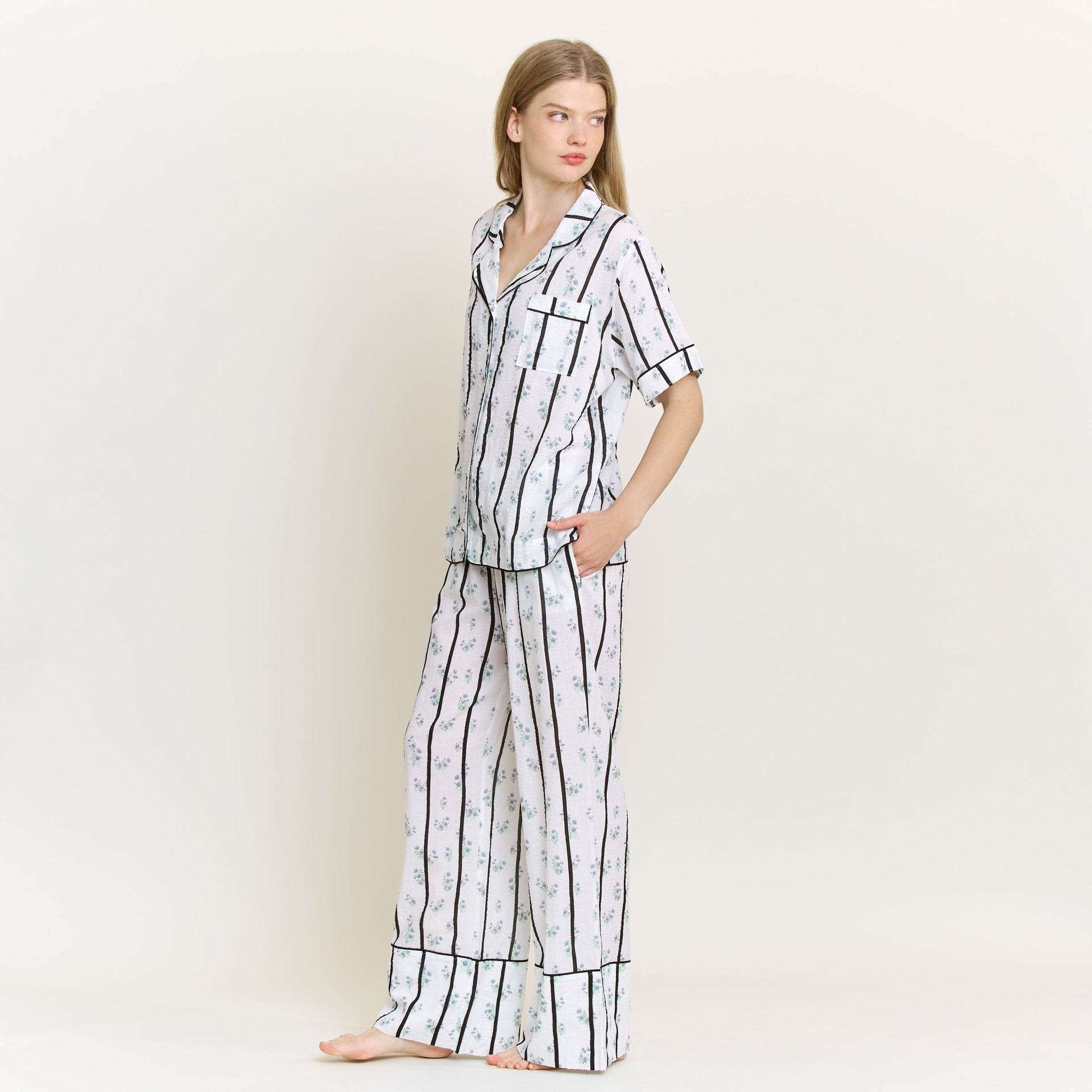 Good Life Short Sleeve PJ Set in Ditsy Stripe - Honeydew - XS