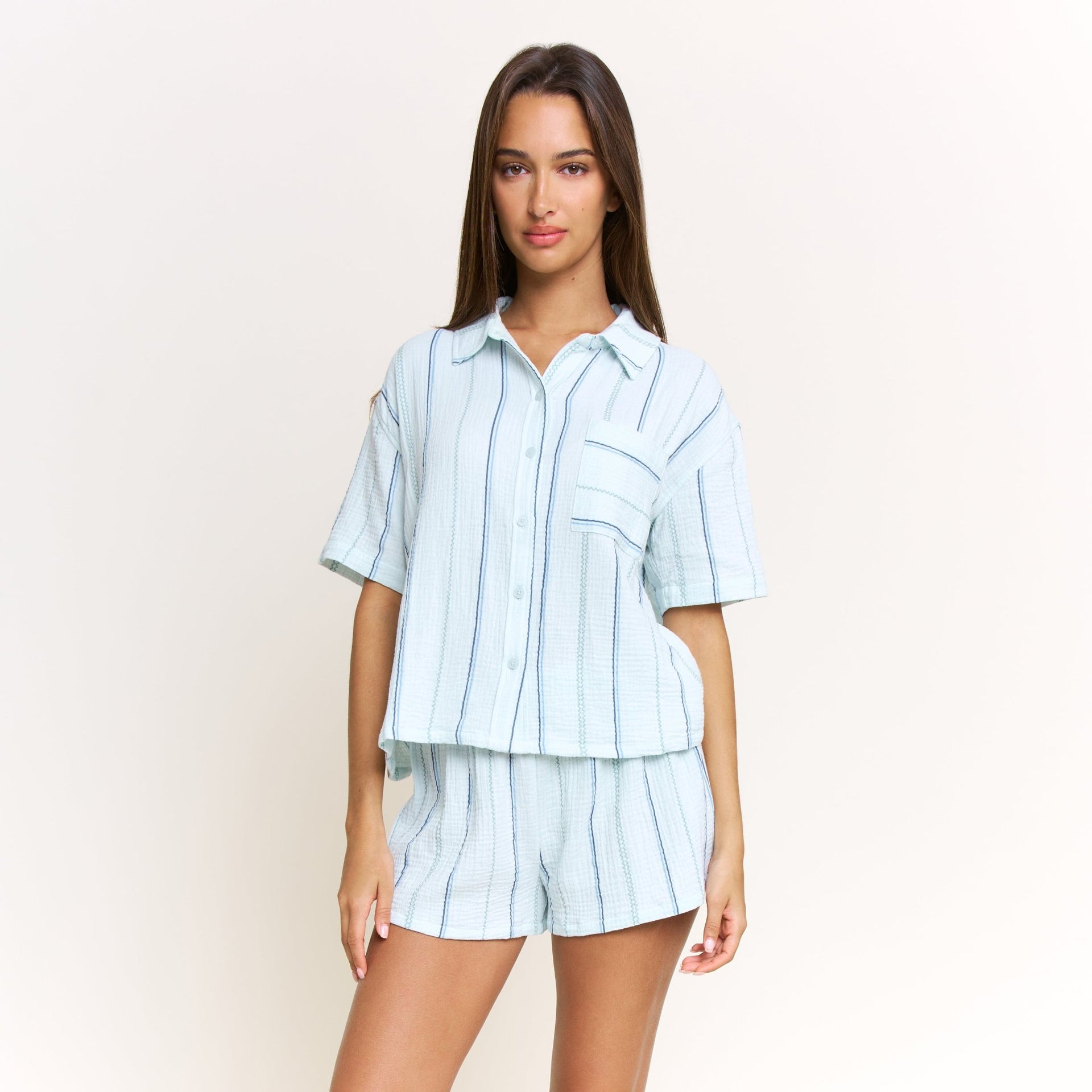 Long Weekend Shortie Set in Aqua Southwest Stripe - -