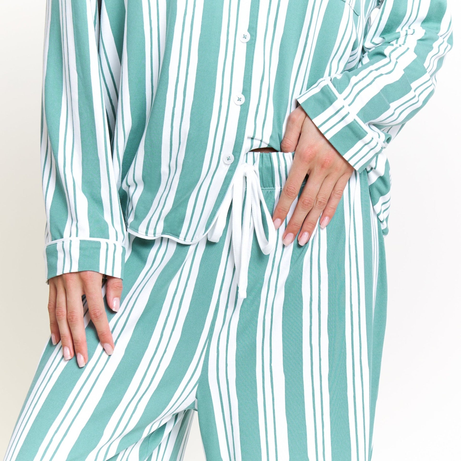 Quiet Night Long PJ Set in Jade Mist Cream Stripe - -