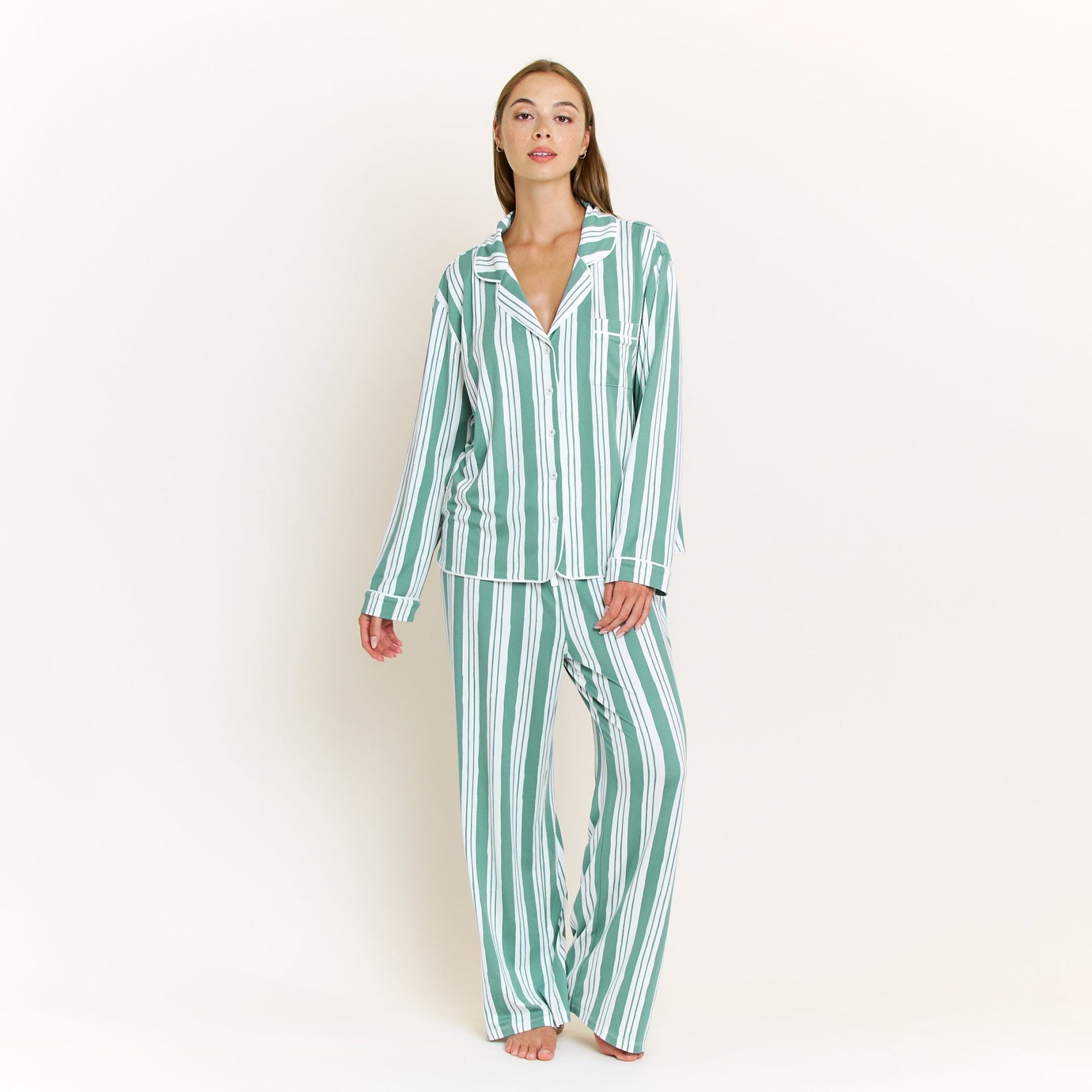 Quiet Night Long PJ Set in Jade Mist Cream Stripe - - 2 3X