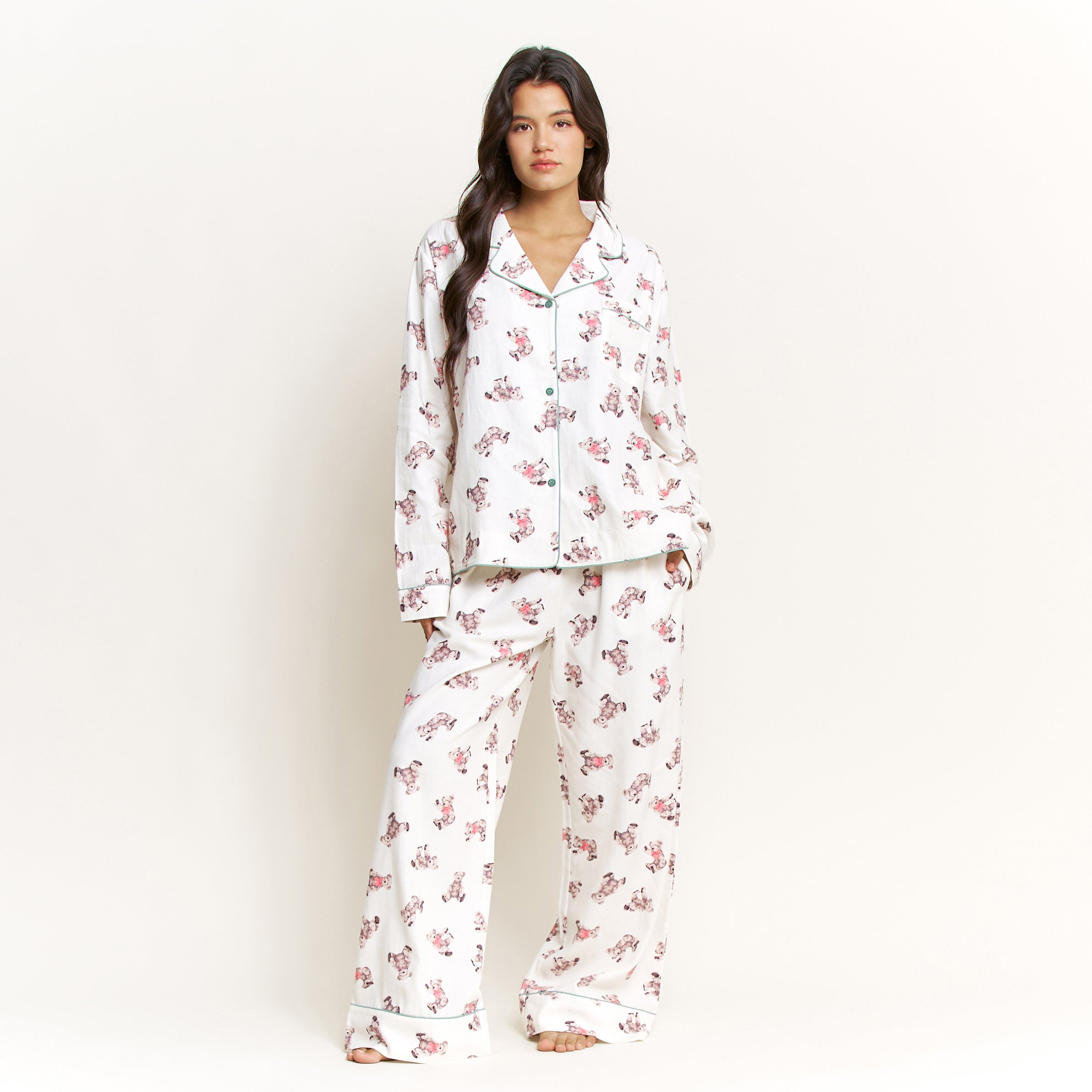 Snooze Mode Long PJ Set in Ivory Teddies - - XL