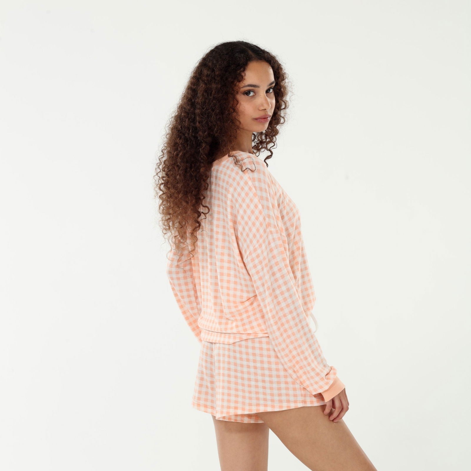 Star Seeker Long Sleeve Shortie Set In Apricot Gingham - Loungewear -