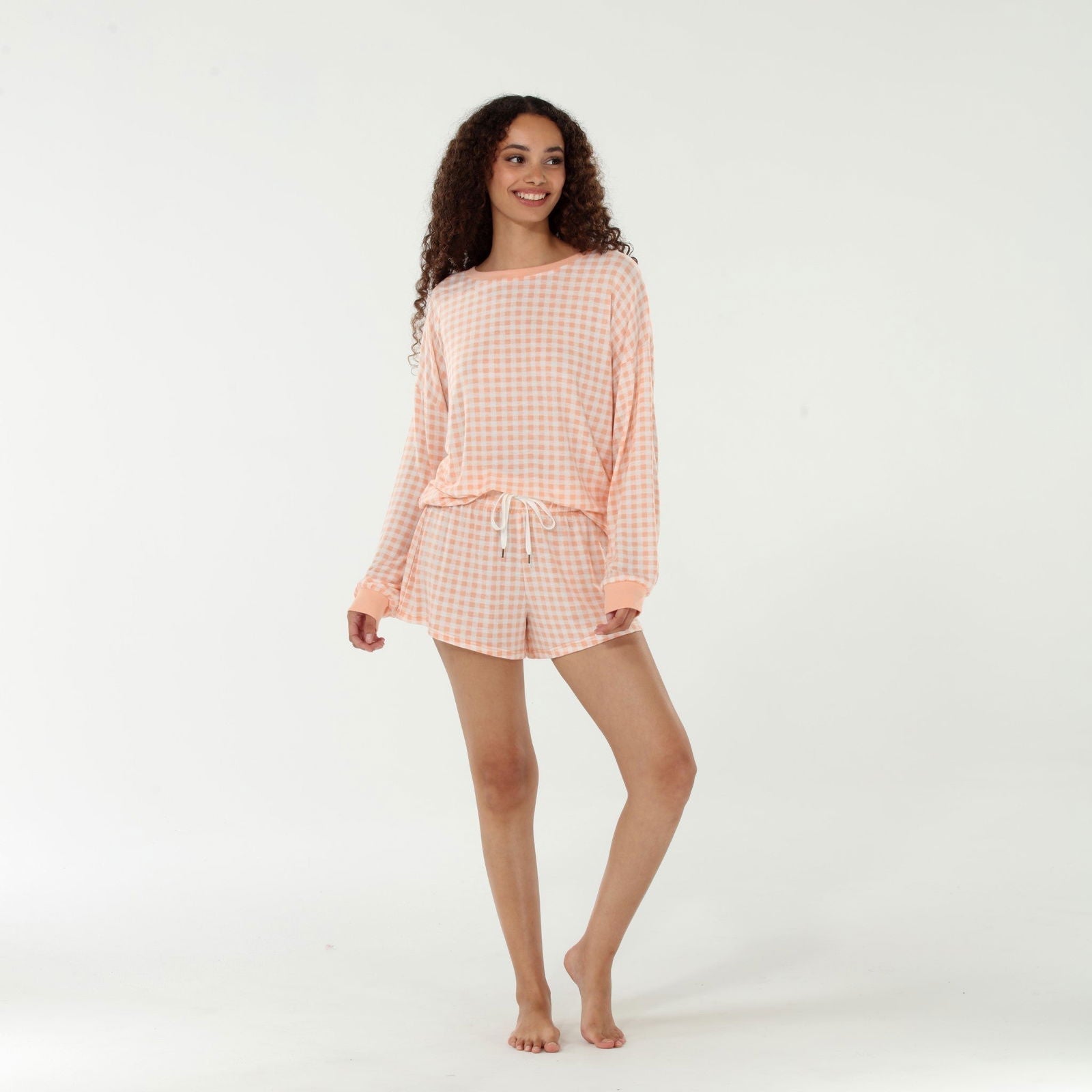 Star Seeker Long Sleeve Shortie Set In Apricot Gingham - Loungewear -