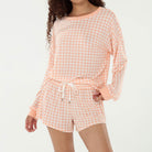 Star Seeker Long Sleeve Shortie Set In Apricot Gingham - Loungewear -