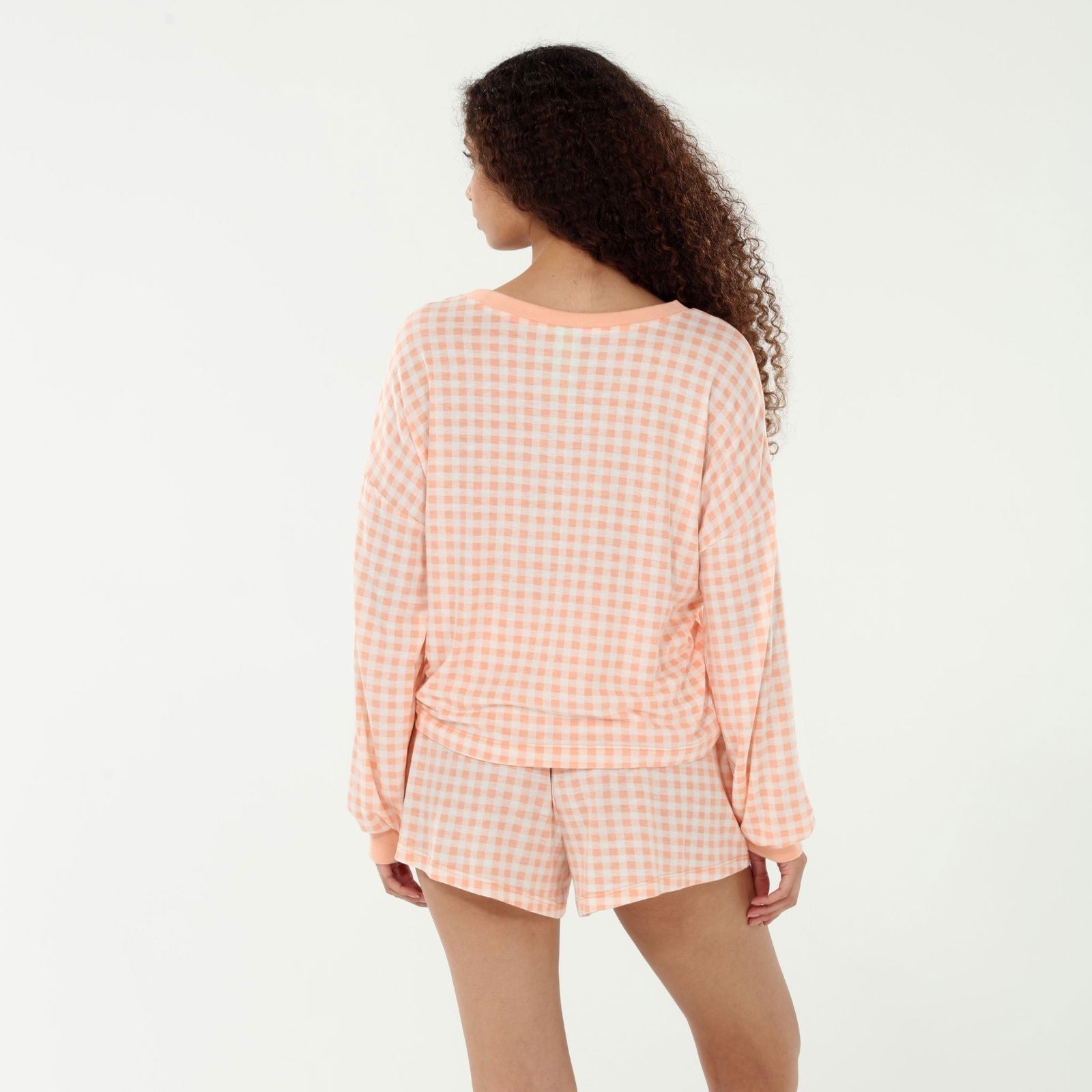 Star Seeker Long Sleeve Shortie Set In Apricot Gingham - Loungewear -