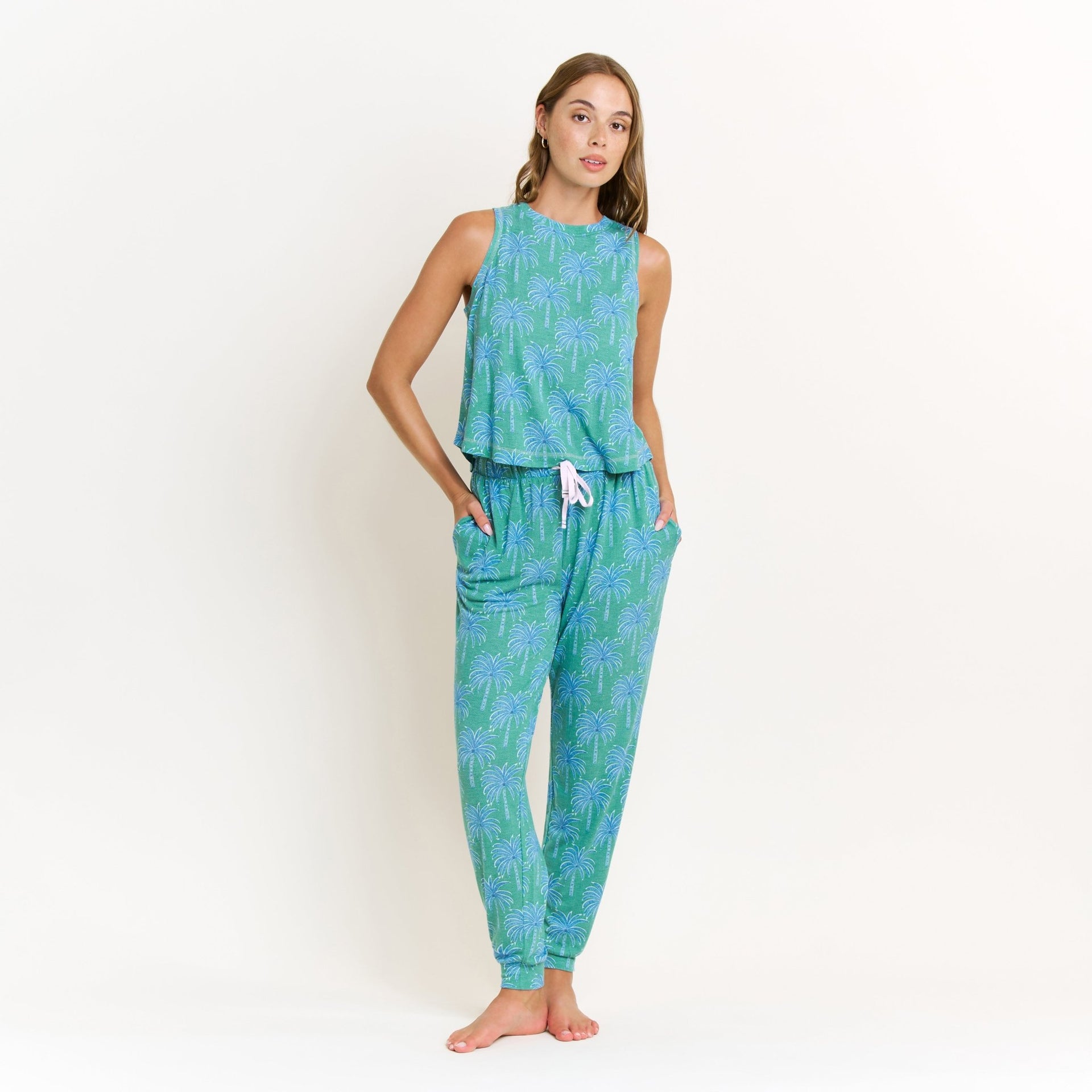 Star Seeker Tank Pant Set in Emerald Etched Palm - -