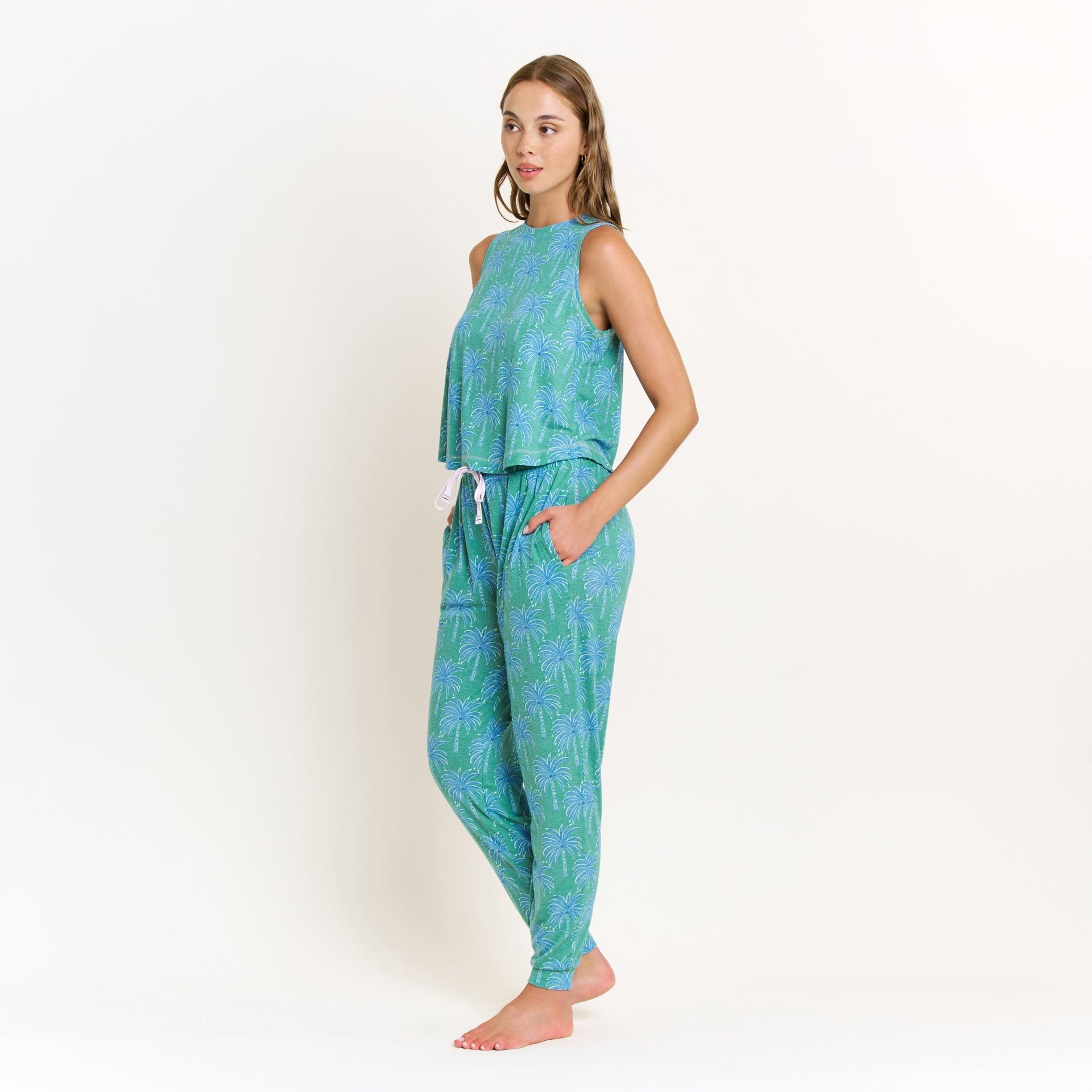 Star Seeker Tank Pant Set in Emerald Etched Palm - -