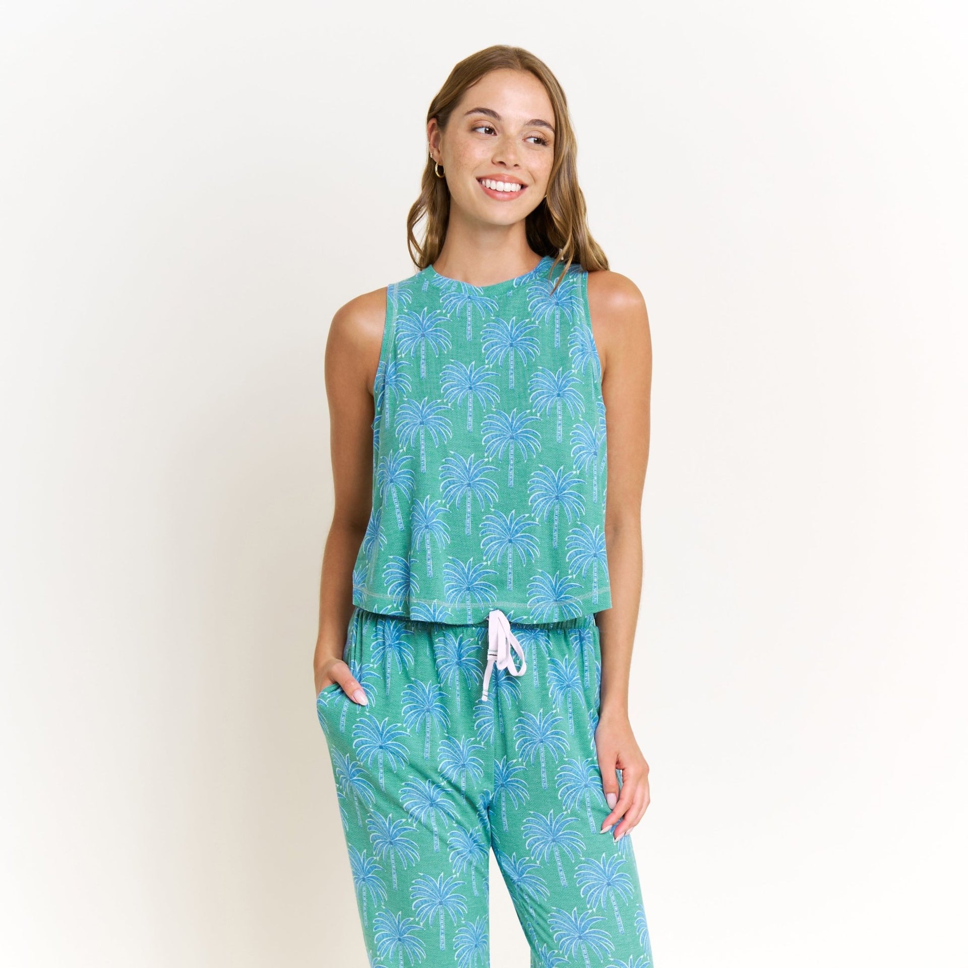 Star Seeker Tank Pant Set in Emerald Etched Palm - -
