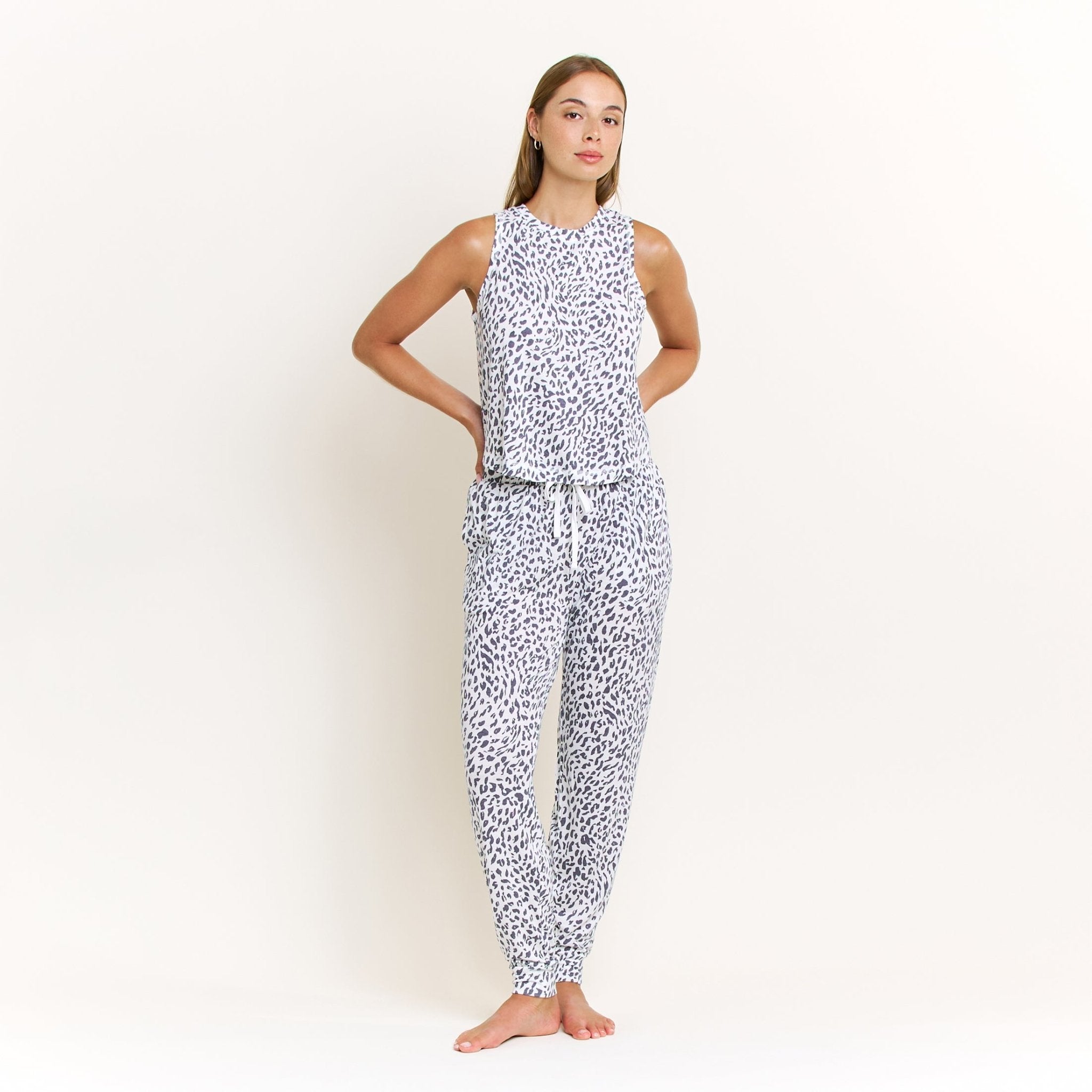 Star Seeker Tank Pant Set in Sweet Cream Animal - -