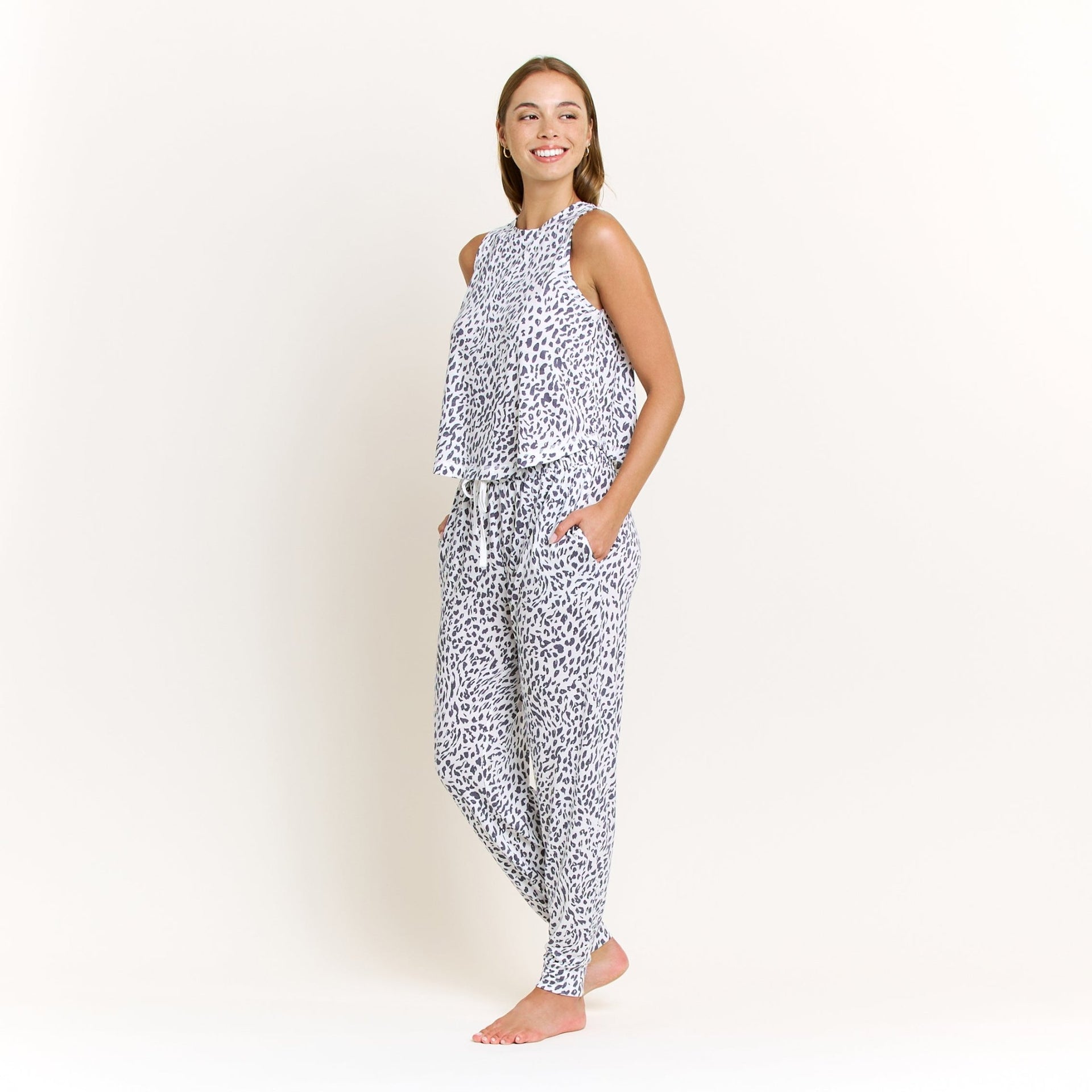 Star Seeker Tank Pant Set in Sweet Cream Animal - -