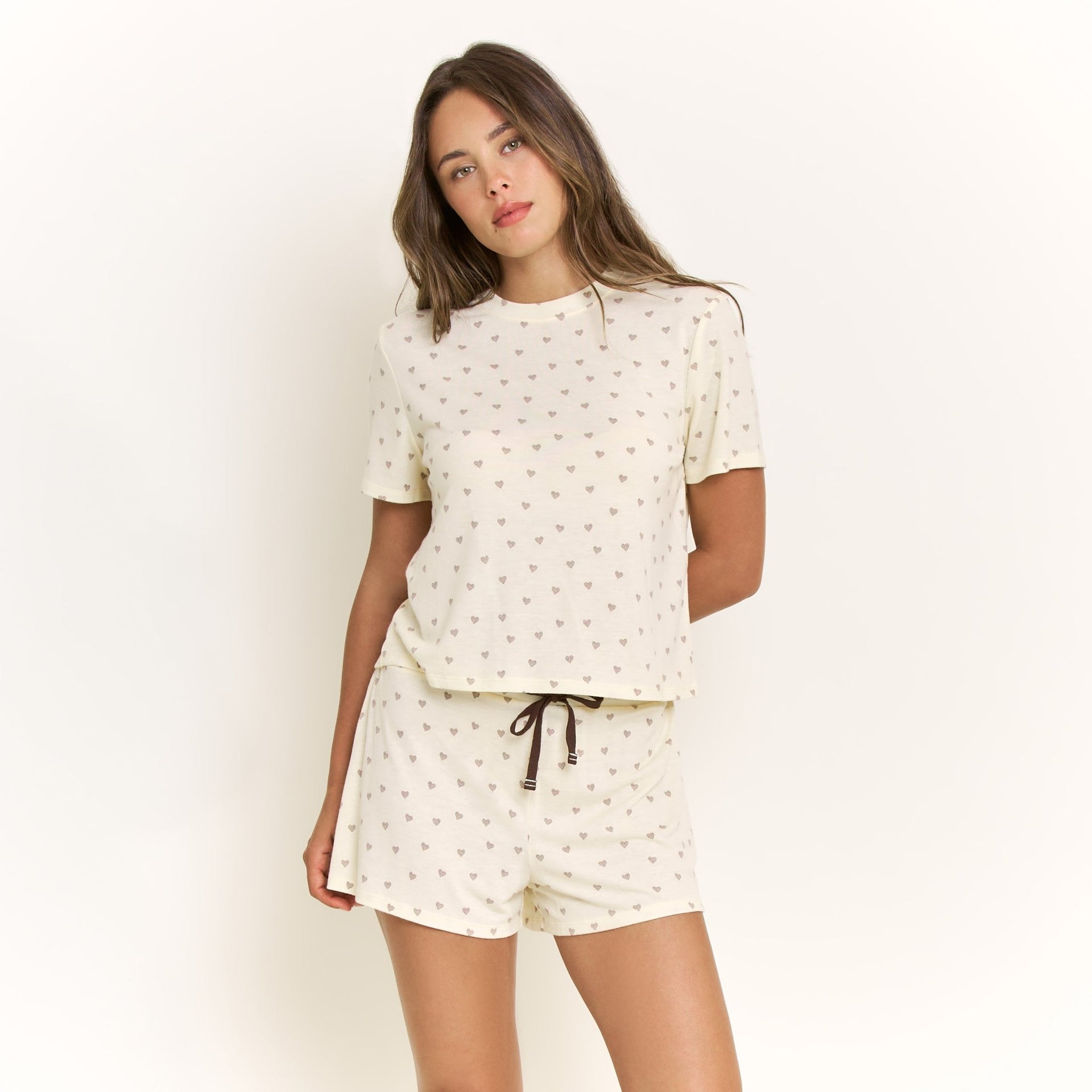 Star Seeker Tee Shortie Set in Butter Daydream Hearts - Honeydew - XS