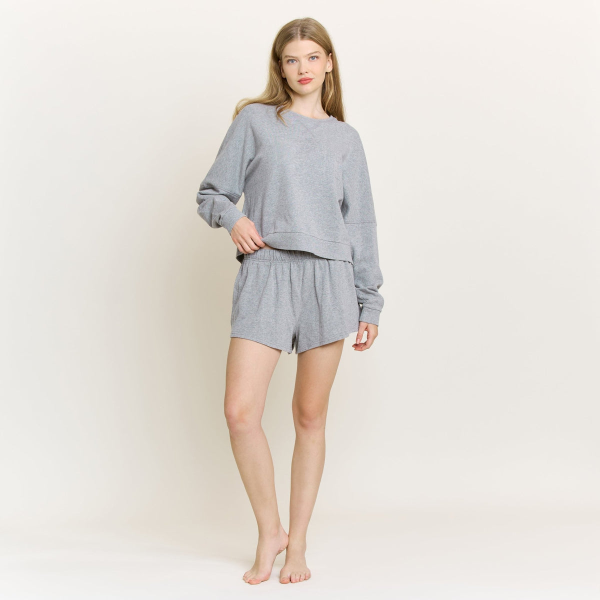 Weekend Club Long Sleeve Shortie Set in Heather Grey - Loungewear - XL