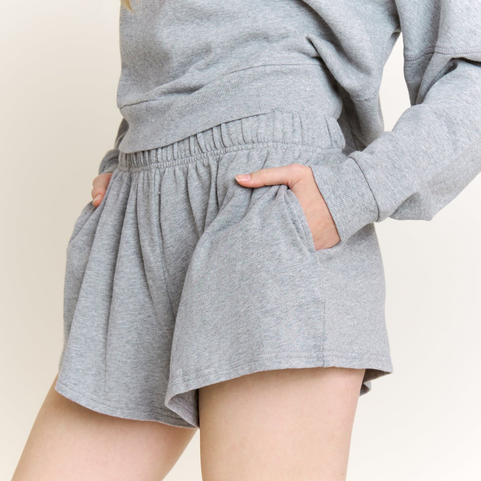 Weekend Club Long Sleeve Shortie Set in Heather Grey - Honeydew - XS