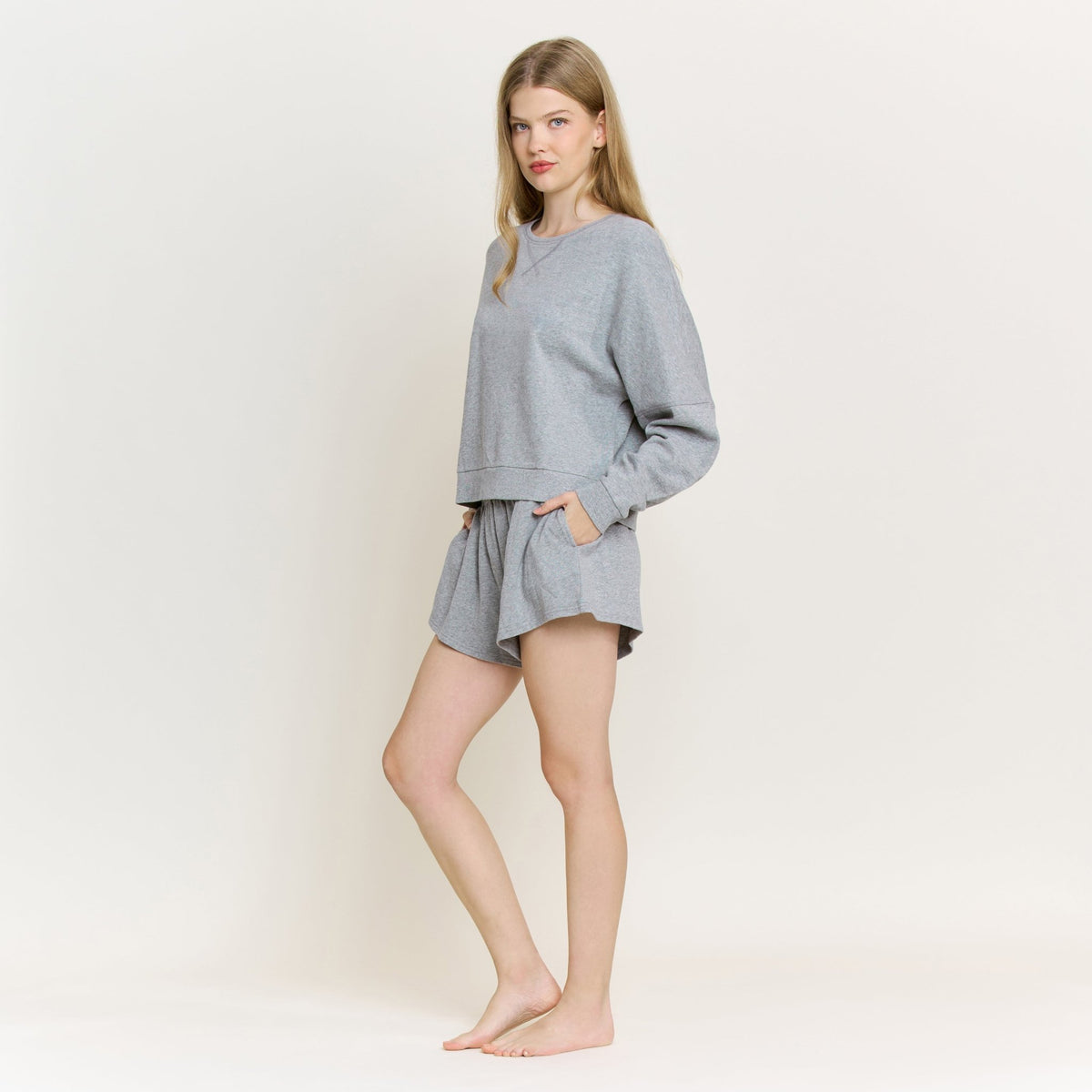 Weekend Club Long Sleeve Shortie Set in Heather Grey - Loungewear -