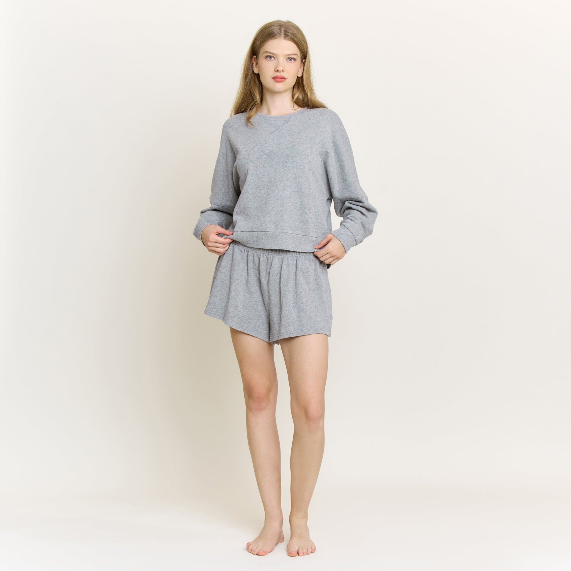 Weekend Club Long Sleeve Shortie Set in Heather Grey - Honeydew - XS