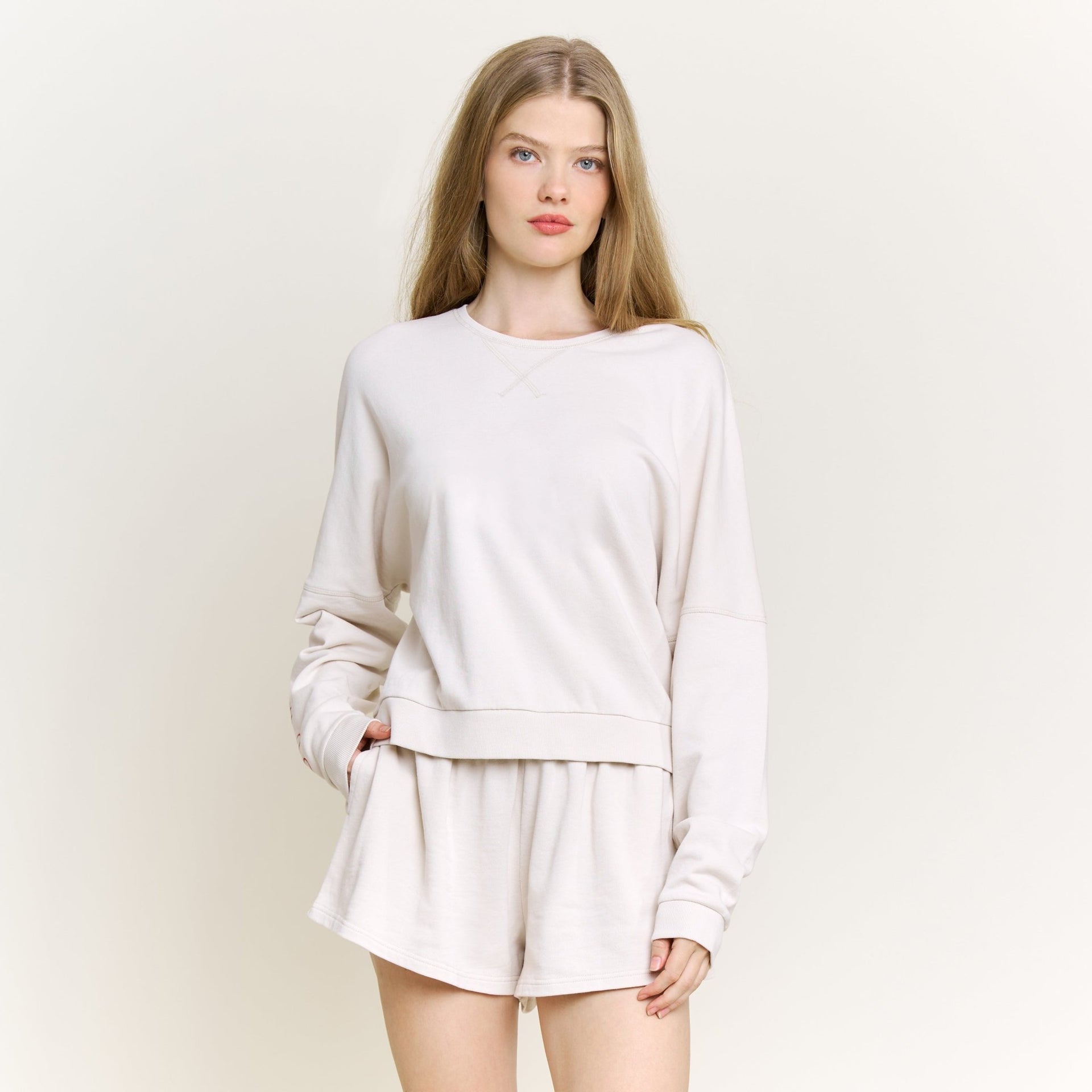 Weekend Club Long Sleeve Shortie Set in Putty - Honeydew - XS