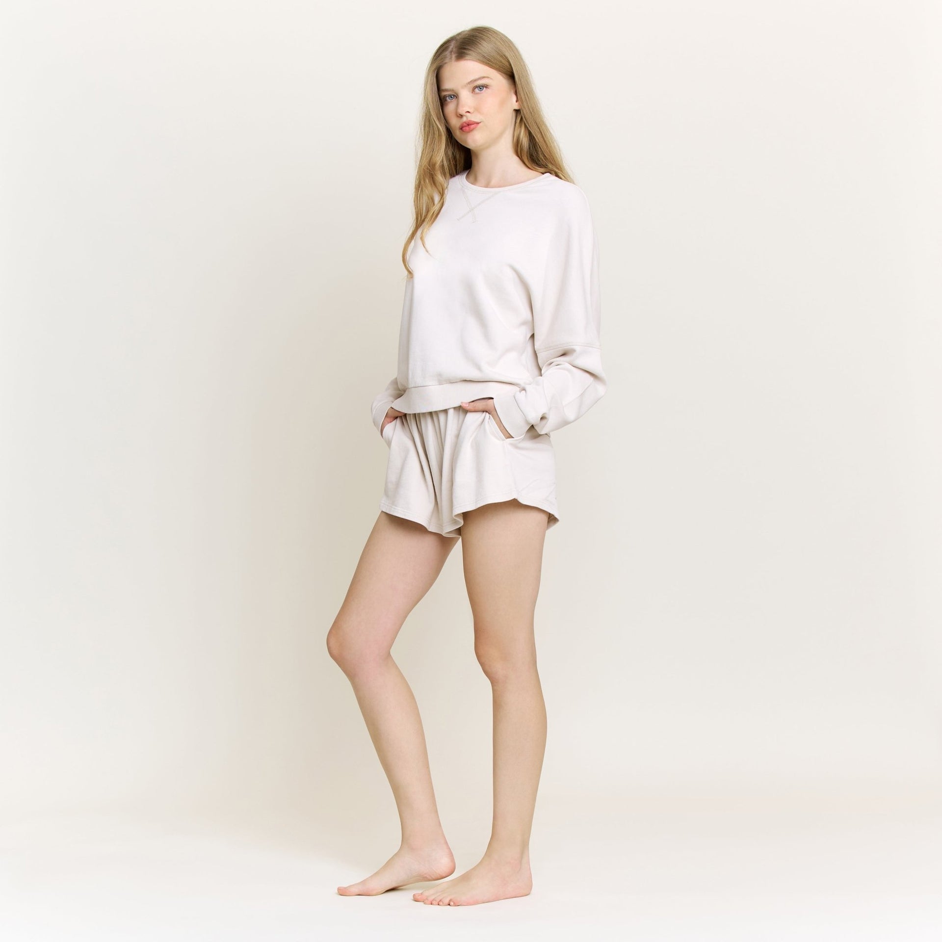 Weekend Club Long Sleeve Shortie Set in Putty - Honeydew - XS